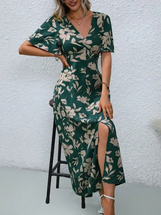 Multicolor Boho Women's V-Neck Short Sleeve Allover Print Slit Flowy Midi Dress - Picture 3 of 6